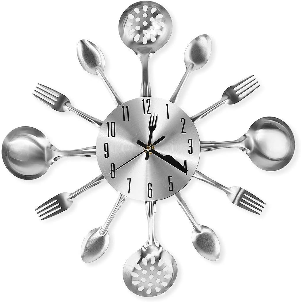 14 Inch Cutlery Kitchen Wall Clocks with Fork and Spoon Dial, Silent Clock Movement and Battery Operated, Great Wall Decor and Nice Housewarming Gifts