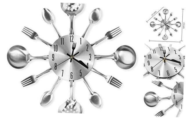 14 Inch Cutlery Kitchen Wall Clocks with Fork and Spoon Dial, Silent Silver