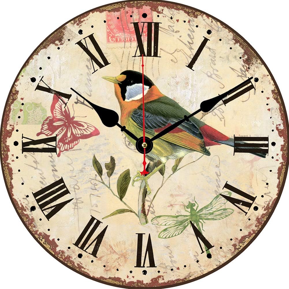 14 Inch Silent Non-Ticking Colorful Bird Design Wall Clock Roman Numeral Clocks Wooden Round Wall Clocks Battery Operated Decorative Clock for Kitchen/Bedroom/Living Room/Office …