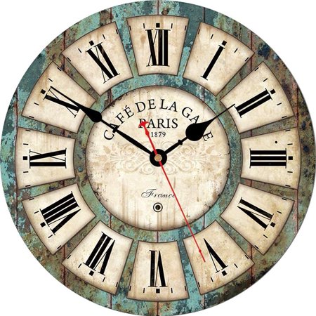 14 Inch Silent Non-Ticking Rustic Wall Clock Roman Numerals Wooden Round Home Decorative Wall Clocks Battery Operated Indoor Vintage French Clocks