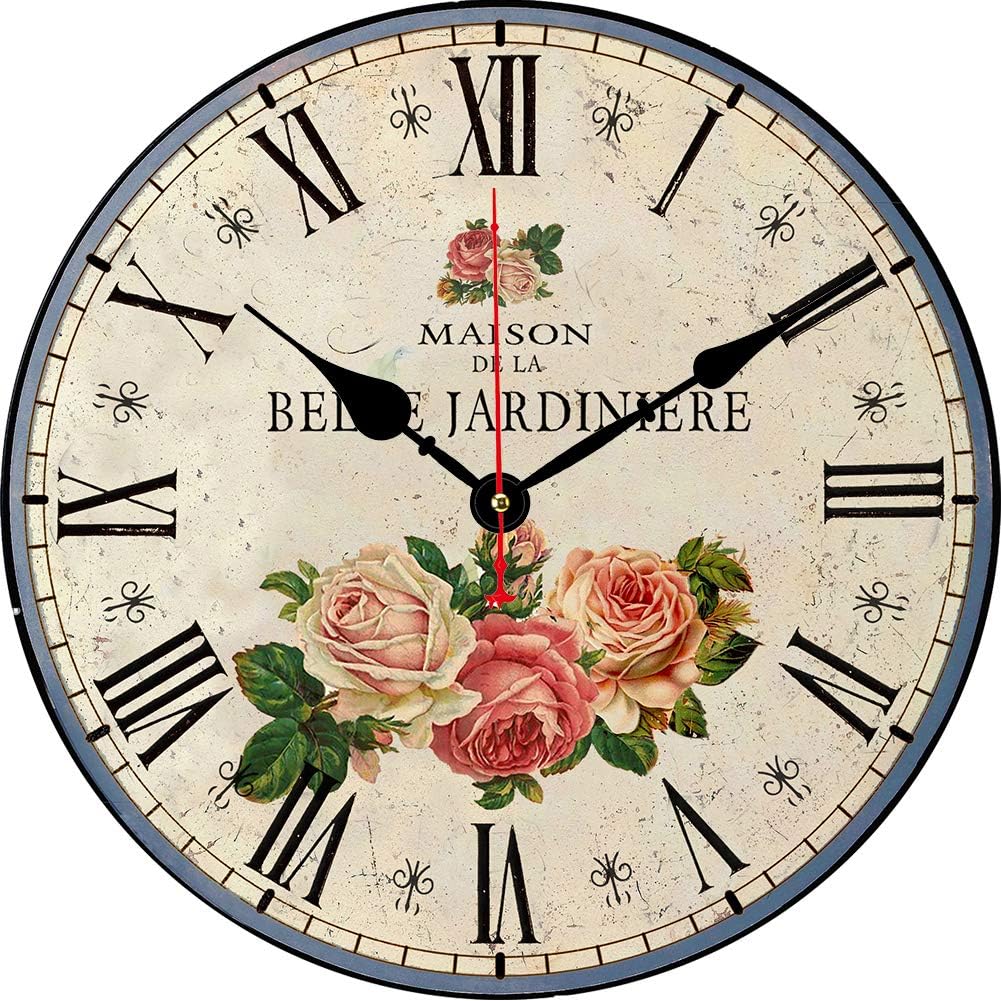 14 Inch Silent Non-Ticking Wall Clock Roman Numerals Retro Flowers Clocks Wooden Round Clocks Battery Operated Indoor Decorative Wall Clocks Rustic Style Home Decor Wall Clock …