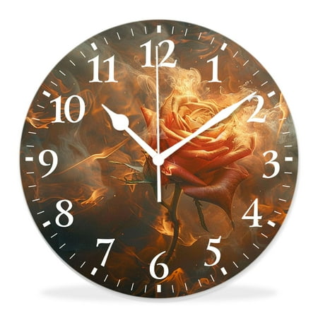 14 Inch Wall Clock Battery Operated Silent Clock Decorative for Office, Kitchen, Outdoor, Living Room，Pretty Fire Rose with Sparkle Flame Smoke Graceful