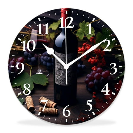 14 Inch Wall Clock Battery Operated Silent Clock Decorative for Office, Kitchen, Outdoor, Living Room，Red Wine with Grapes and Vine Leaves Lovely Painting