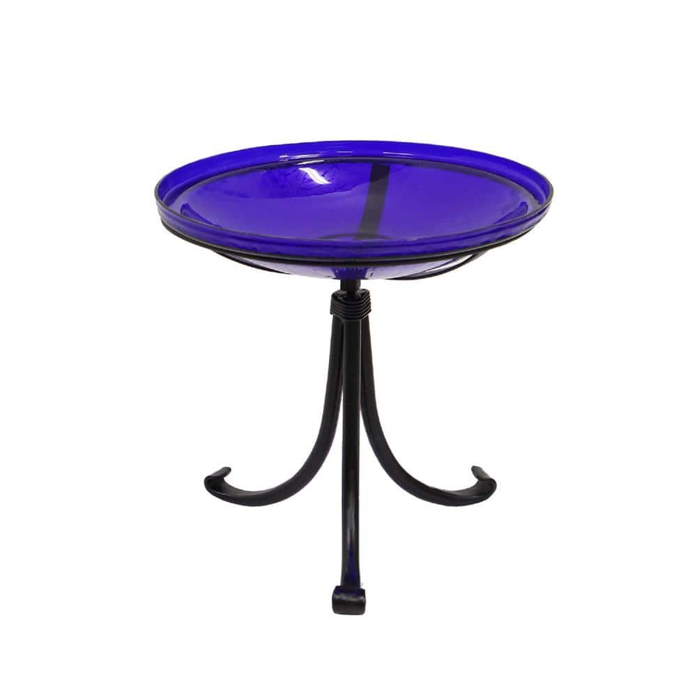 14 in. Dia Round Cobalt Blue Crackle Glass Birdbath with Black Wrought...
