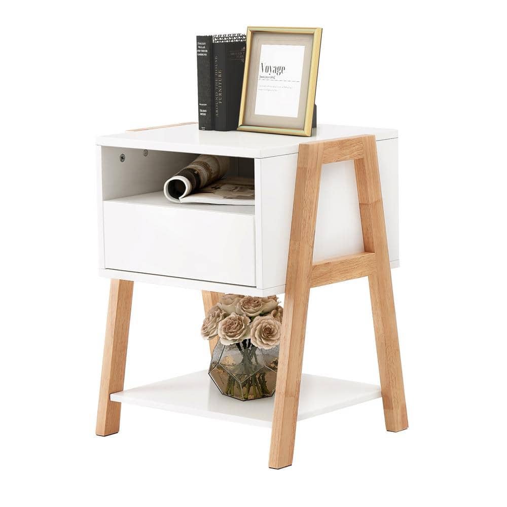 15.7 in. White Square Wood End Table Nightstand Side Table with Storage...