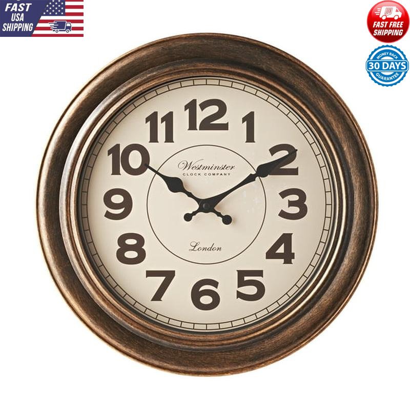15in Brushed Copper Analog Wall Clock Traditional Decorative Home Accent New