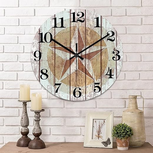 15 Inch Round Wall Clock Western Texas Star Decorative Wall Clock Rustic Wood Clock Non-ticking Battery Operated Quiet with Large Numbers Rustic Analog Clock for Living Room School School Home Decor