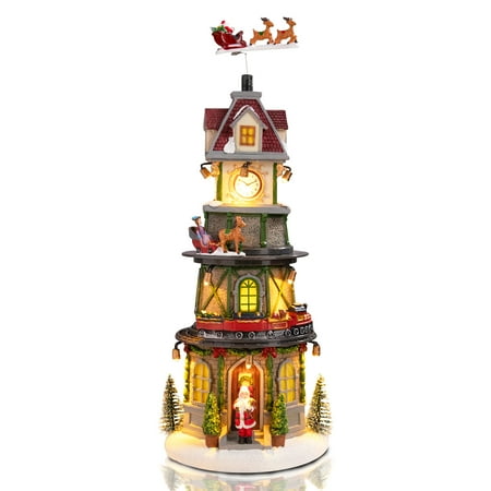 15 Inch Wonede Garden Christmas Village Tabletop Clock Tower Collectible Buildings with Revolving Train, Musical Winter Village House Figurine with Warm Light Christmas Bell Tower Decorations