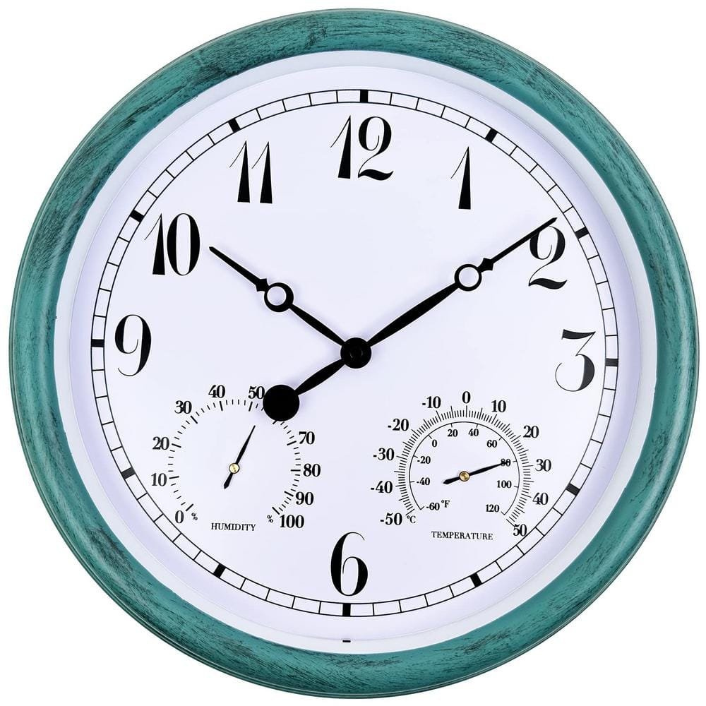 15 in. Indoor/Outdoor Waterproof,with Thermometer and Hygrometer Combo,Round Silent Battery Operated Quartz...