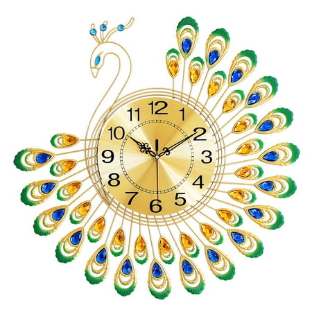 15in Silent Metal Crystal 3D Peacock Wall Clock for Living Room Decor Modern Art