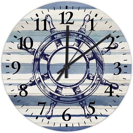 15" Silent Non-Ticking Wall Clocks Nautical Beach Boat Ship Steering Wheel Home Decoration for Office Shells Starfish Coastal Beautiful Round Wooden Wall Clock Country for Exercise Room Study Room