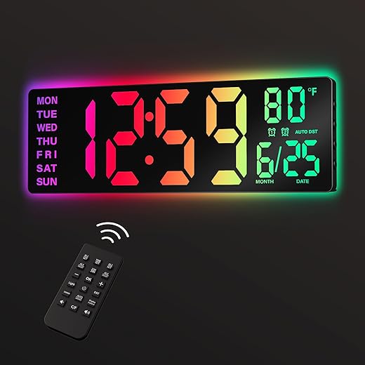 16.5 Large Digital Wall Clock with Remote Control, RGB Atmosphere Lights with 11 Scenes Mode, Dual Alarms with Big LED Display, Auto DST, Temperature for Living Room Gaming