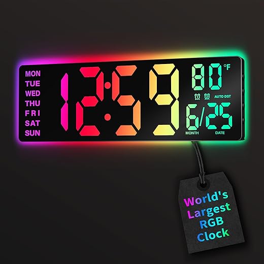 16.5 Large Digital Wall Clock with Remote Control, RGB Atmosphere Lights with 11 Scenes Mode, Dual Alarms with Big LED Display, Auto DST, Temperature for Living Room Gaming