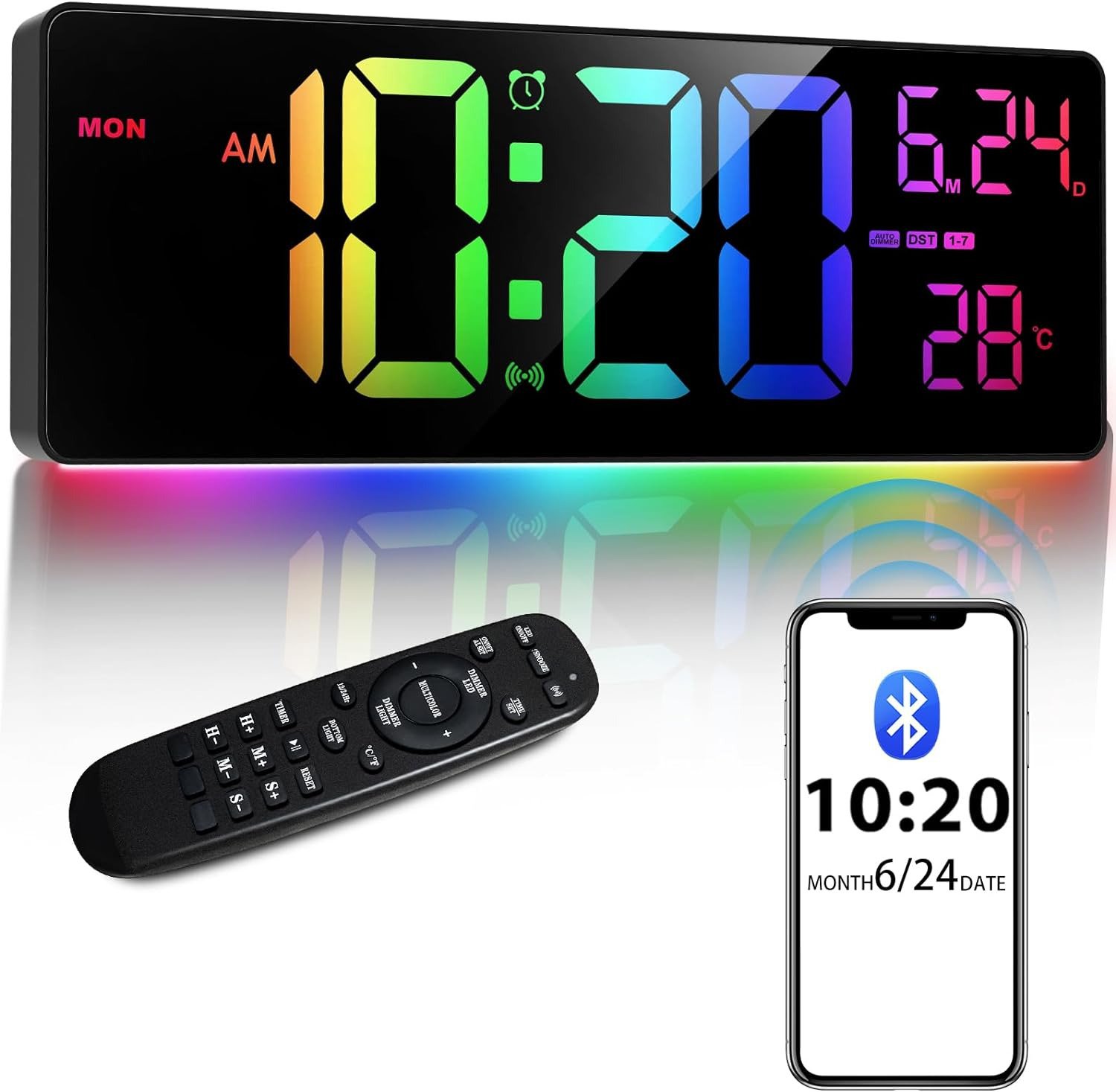 16" Bluetooth Large Digital Wall Clock/Auto Time Sync, 10 RGB Colors Digital Clo