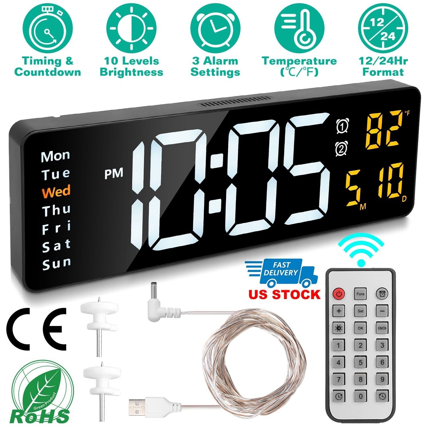 16" Digital LED Desk Alarm Clock Large LCD Display Wall Clock Temperature Date