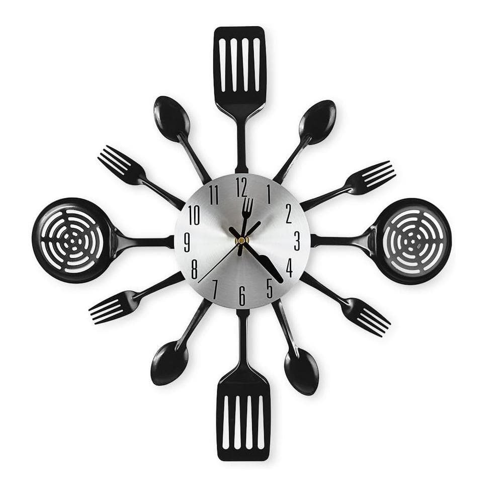 16 in. Black Analog Cutlery Kitchen Wall Clock with Fork and Spoon...