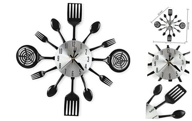 16 Inch Cutlery Kitchen Wall Clocks with Fork and Spoon Dial, Silent Black