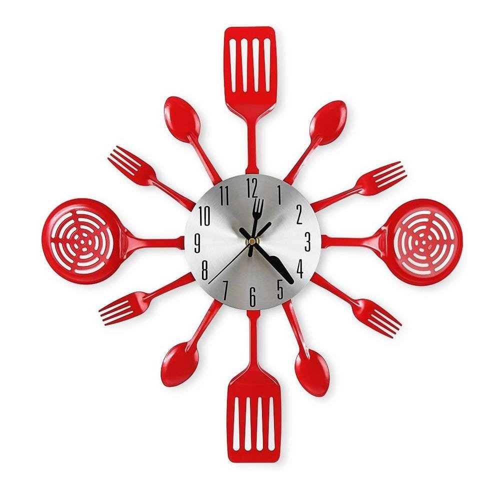 16 in. Red Analog Cutlery Kitchen Wall Clock with Fork and Spoon...