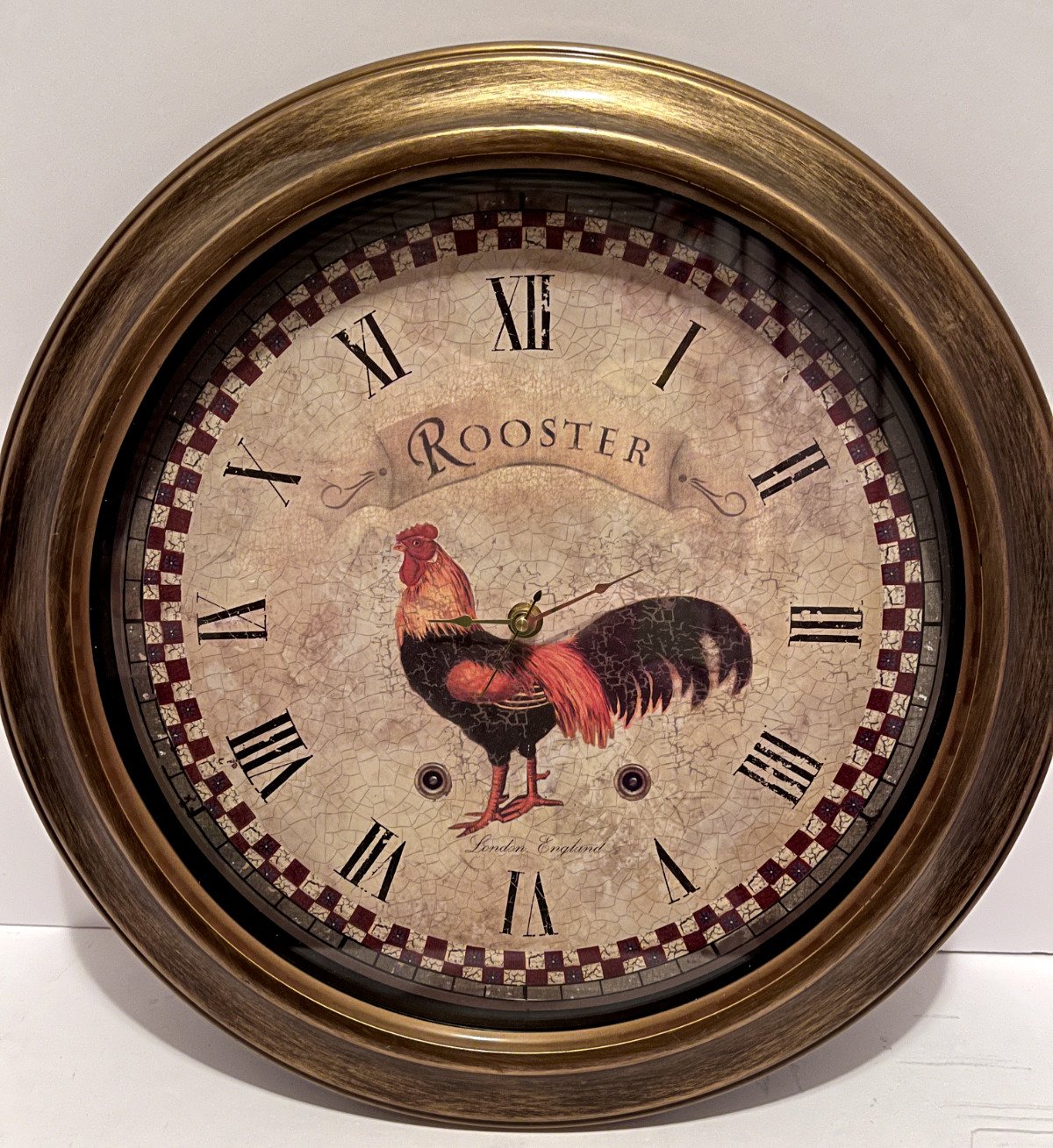 16" Round Wall Clock London England Inscribed Farmhouse Rustic Battery - Rooster