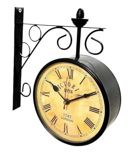 1747 London Victoria Station Double Sided Railway Wall Clock - Antique Black Station Functional Round Clock for Home and Office Decor - Vintage Look 6 Inch Clock with Wall Mount