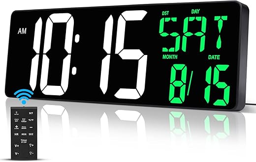 17 Inch Large Digital Wall Clock with Remote Control, Automatic Brightness Dimmer Digital Wall Clock Large Display with Day/Date/Temperature, Snooze, Count Up & Down Timer for Living Room, Office, Gym