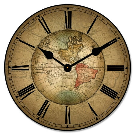 17th Century World Map Clock Wall Clock, Whisper Quiet, Lifetime Warranty, Handmade in the USA, Great for Bedroom, Living Room & Kitchen