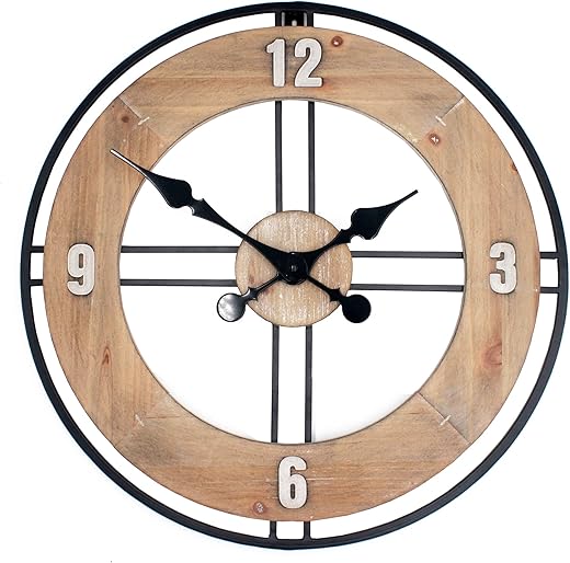 18 Inch Large Famhouse Wall Clock, Rustic Antique Wood with Metal Circle and 3D Numerals, Silent Battery Operated for Office Kitchen Bedroom Living Room