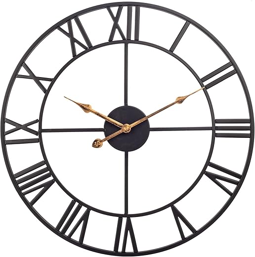 18 Inch Large Wall Clock, Silent Non Ticking Battery Operated Roman Numeral Wall Clock, Industrial Metal Indoor Outdoor Analog Clock for Living Room, Kitchen, Pool, Patio Decor - Black