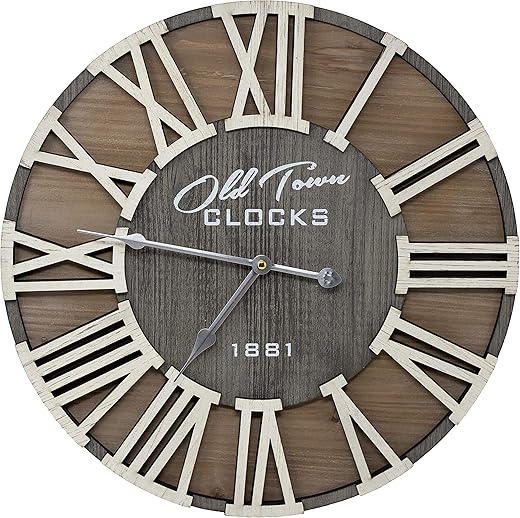 18 Rustic Farmhouse Wash Out Vintage Roman Wooden Wall Clock Silver Hands (Whitewood Lettering, 18 inch)