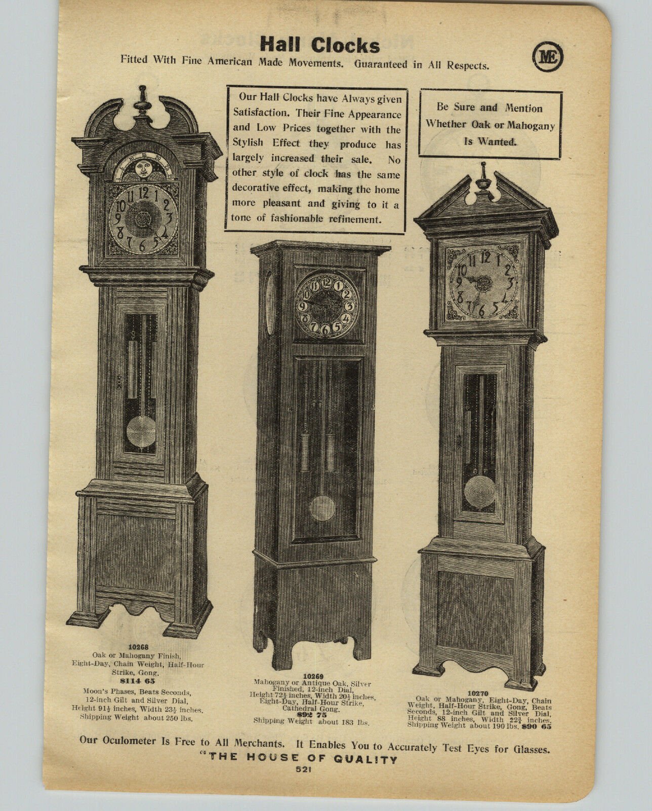 1914 PAPER AD Hall Grandfather Clocks Moon Phases American Made