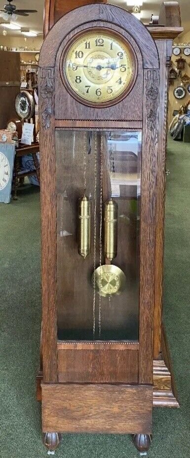 1920’s German Grandfather Clock W/ Original Matching Dial, Weights, And Pendulum