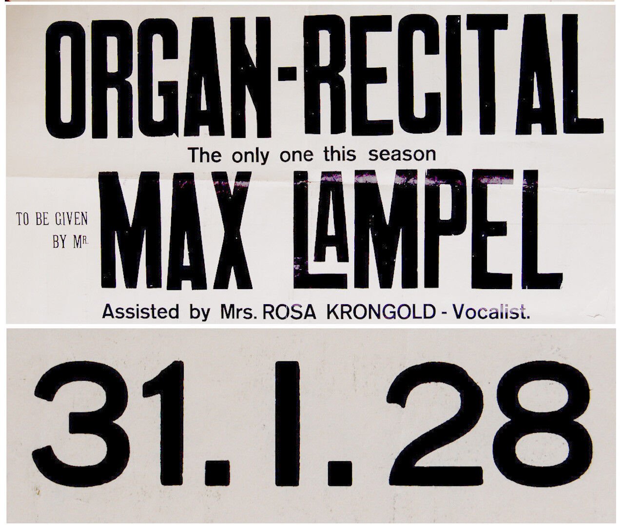 1928 Palestine ORGAN RECITAL Hebrew POSTER Israel CHURCH Bach BUXTEHUDE Jewish