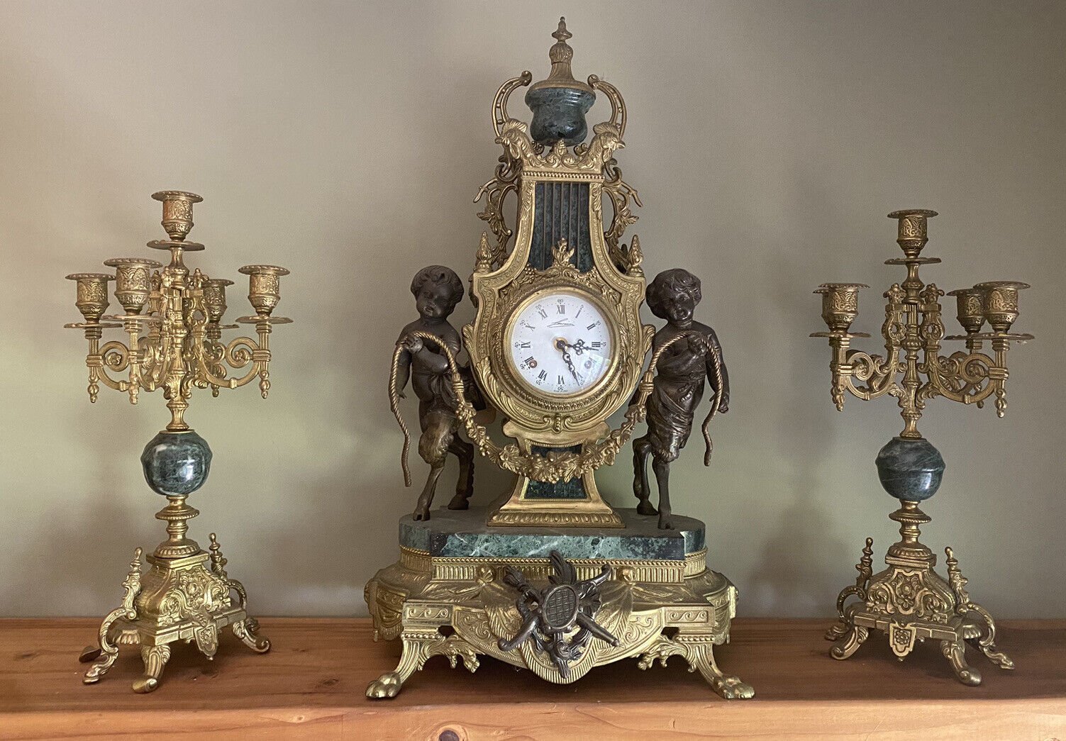 1970 Vintage 3p Brevettato Italian Brass +MarBle Ormolu Candelabra Mantel Clock