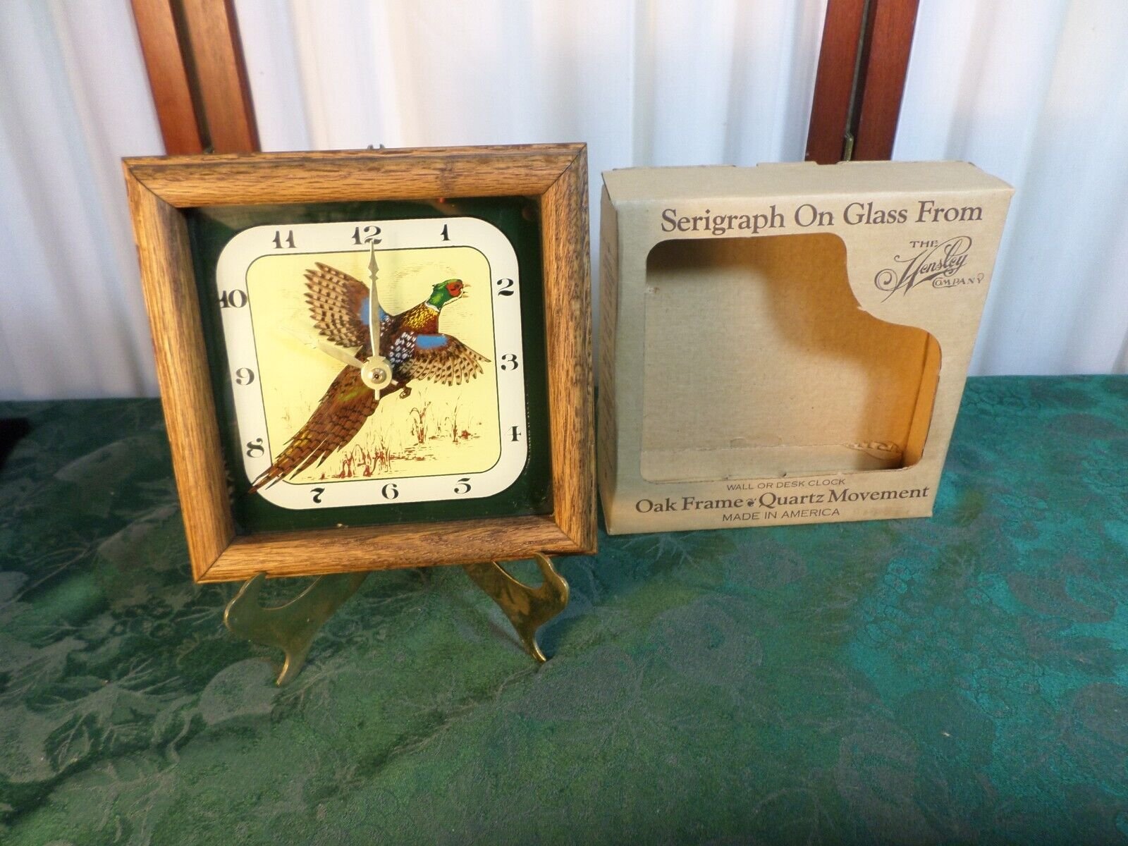 1983 Hensley Serigraph On Glass Pheasant Design Oak Framed Wall/Desk Clock w/Box