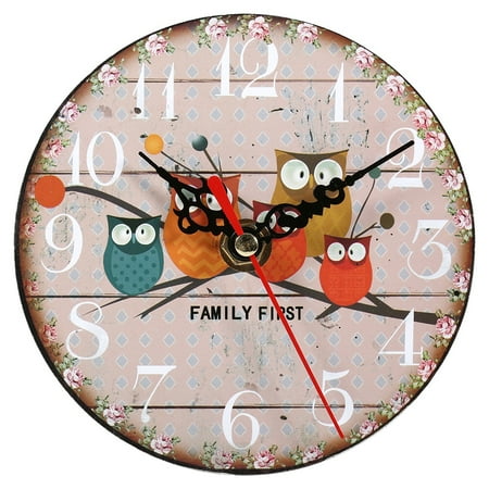 1Pc Antique Creative Vintage Owl Pattern Round Wooden Wall Clock Home Office Decoration #7