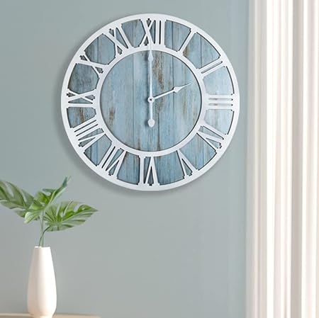 1st owned Wall Clock for Home Decor - 16 Inch Blue Wood Wall Clocks Battery Operated Silent Non Ticking Simple Minimalist Roman Numbers Clock Decorative for Bedrrom