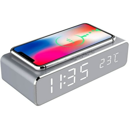 2-in-1 LED Alarm Clock with Qi Charger and Thermometer for Iphone Xs Max, Xs, Xr, X, 8, 8 Plus, Samsung Galaxy S9, S9 Plus and All Qi Devices with Cha