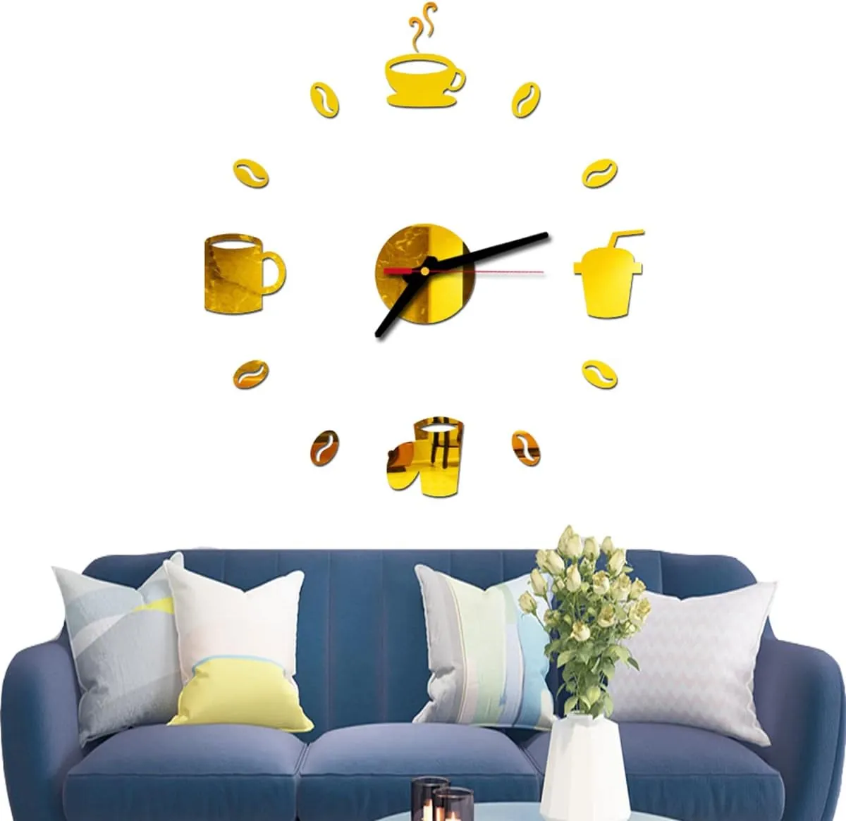 20-30 Inch Adjustable Coffee Time 3D Frameless Large DIY Acrylic Wall Clock, Mirror Wall Clock for Home Living Room Bedroom Kitchen Bathroom Office Decoration (Golden)