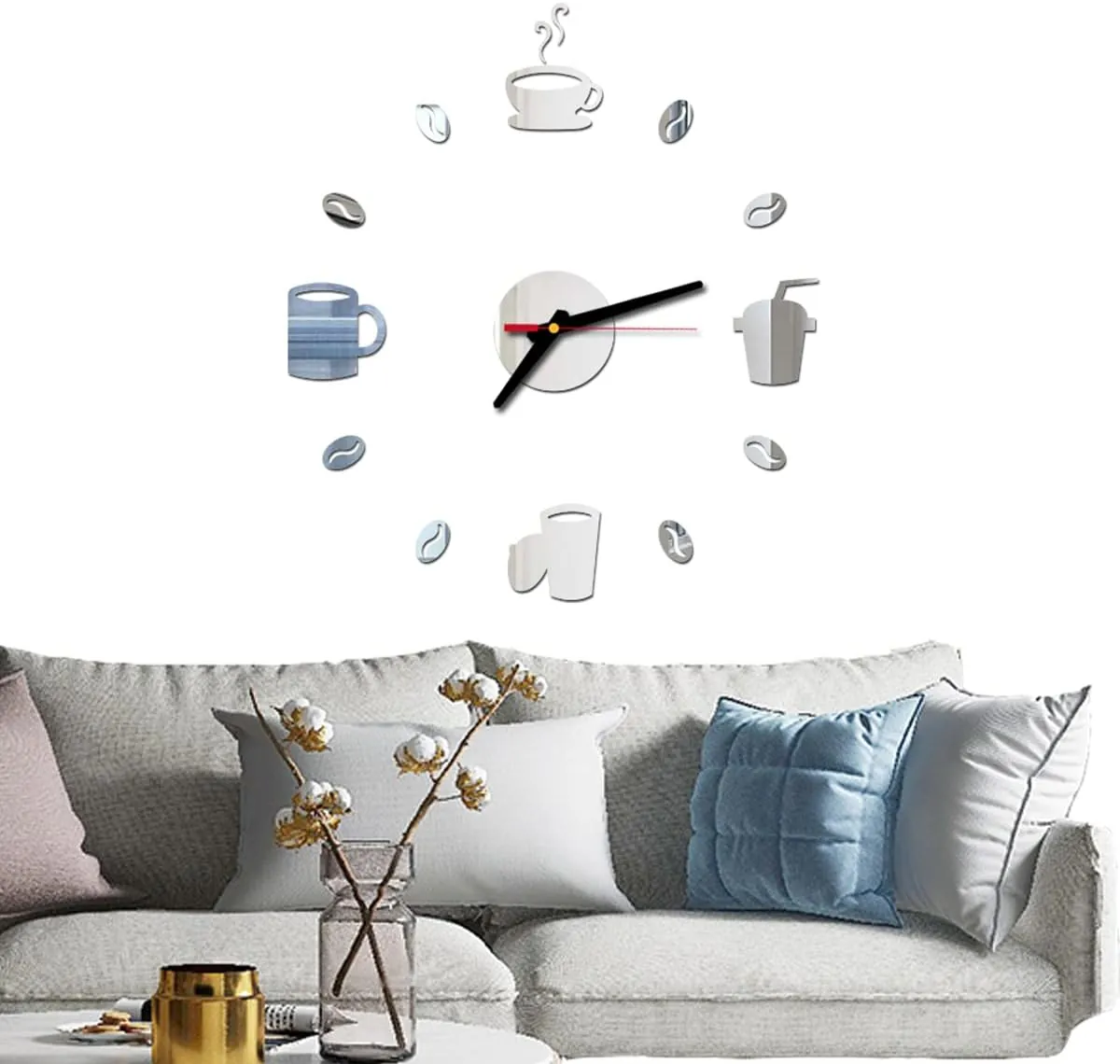 20-30 Inch Adjustable Coffee Time 3D Frameless Large DIY Acrylic Wall Clock, Mirror Wall Clock for Home Living Room Bedroom Kitchen Bathroom Office Decoration (Silvery)