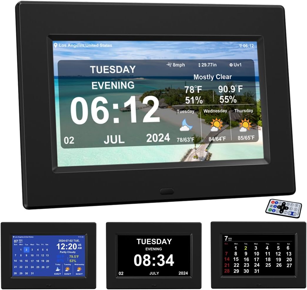 2024 New Digital Weather Clock with Temperature Humdity Alarm Clock for Elderly (7inch / Black)