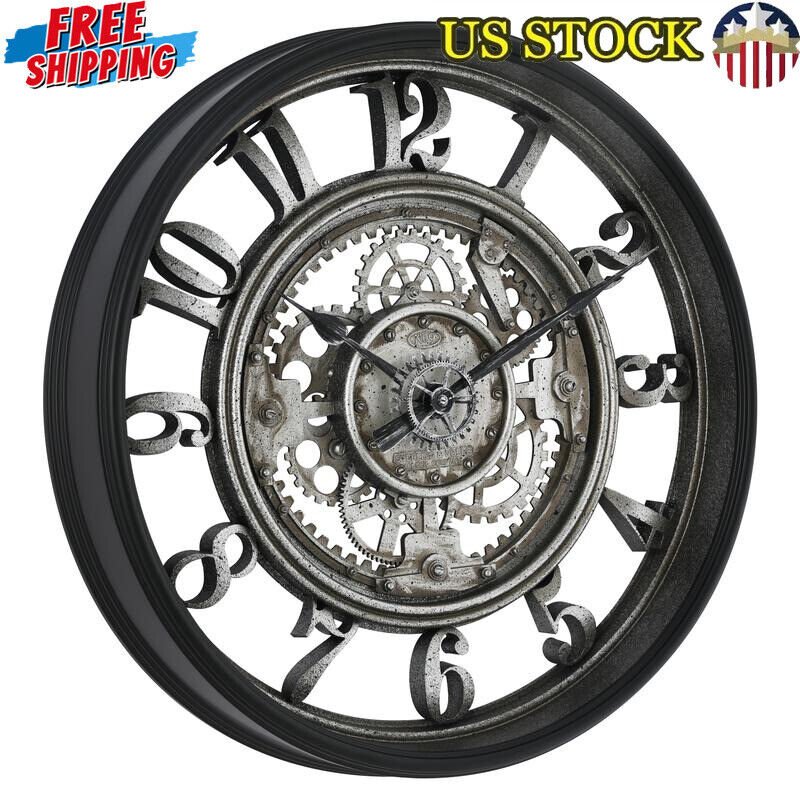 20 Inch Rustic Metal Wall Clock Analog Gear Moving Design Indoor Decor New