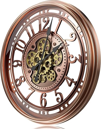 21 inch Large Wall Clock with Real Moving Gears, Battery Operated Modern Metal Decorative Wall Clock, Oversize Industrial Steampunk Wall Clock for Living Room Decor（Vintage Red Bronze Arabic）