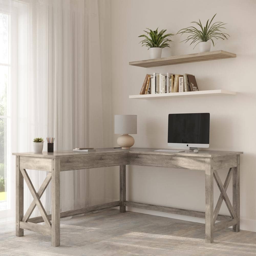 23.5-inches Gray Wood, L-Shaped Computer Desk with X-Pattern Legs - For Office,...
