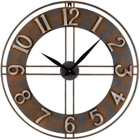 23.6-Inch Oversized Rustic Vintage Metal Silent Non-Ticking Battery Operated Decorative Wall Clock with Large Arabic Numerals