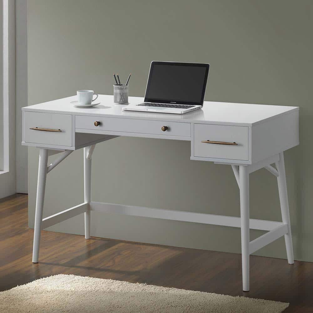 23.75 in. Rectangular White Rubber Wood 3-Drawer Writing Desk