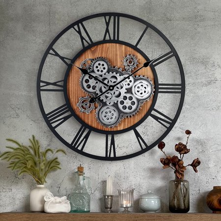 23 Inch Gear Clock with Moving Gears,Large Wall Clocks for Living Room Decor,Farmhouse Steampunk Real Moving Gears Wall Clocks Battery Operated for Office Home Decor