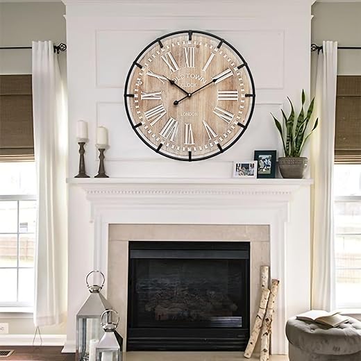 24 Inch Grand Farmhouse Wall Clock, Vintage-Inspired Wood & Metal Design with Large Etched Numbers, Silent Battery-Powered Timepiece for Offices, Kitchens, Bedrooms, and Living Rooms