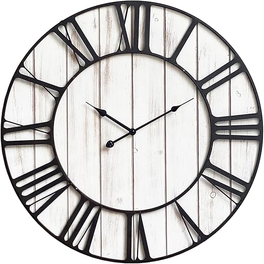 24 Inch Large Farmhouse Wall Clock, Rustic Whitewashed Wood Plank with Black Metal Frame, Battery Operated Non-Ticking Silent Wall Clock for Home, Kitchen, Living Room, Bedroom, Entryway