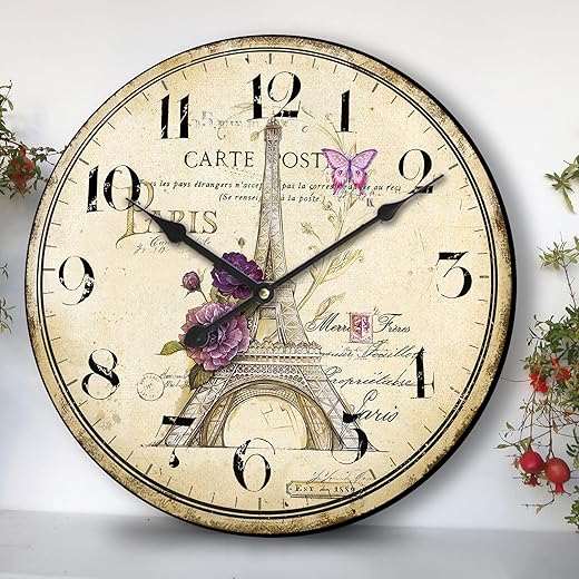 24 Inch Vintage Wall Clocks Paris Tower Farmhouse Clock Retro Wall Clock Rustic Wall Decor Clock Eiffel Tower & Purple Flower Silent Scan Non-Ticking for Home Living Room Bedroom