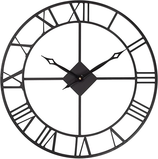 24 Inch Wall Clock, Large Roman Numerals Wall Clocks Battery Operated, Slient Vintage Skeleton Black Metal Indoor Outdoor Clocks for Living Room, Bedroom, Kitchen, Dining Room, Patio Decor